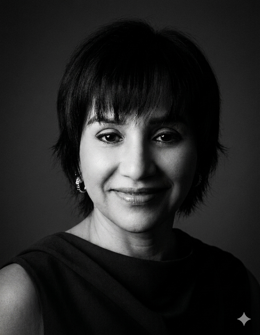 Mariana Orozco, fotógrafa de maternidad, sonriendo en un retrato en blanco y negro